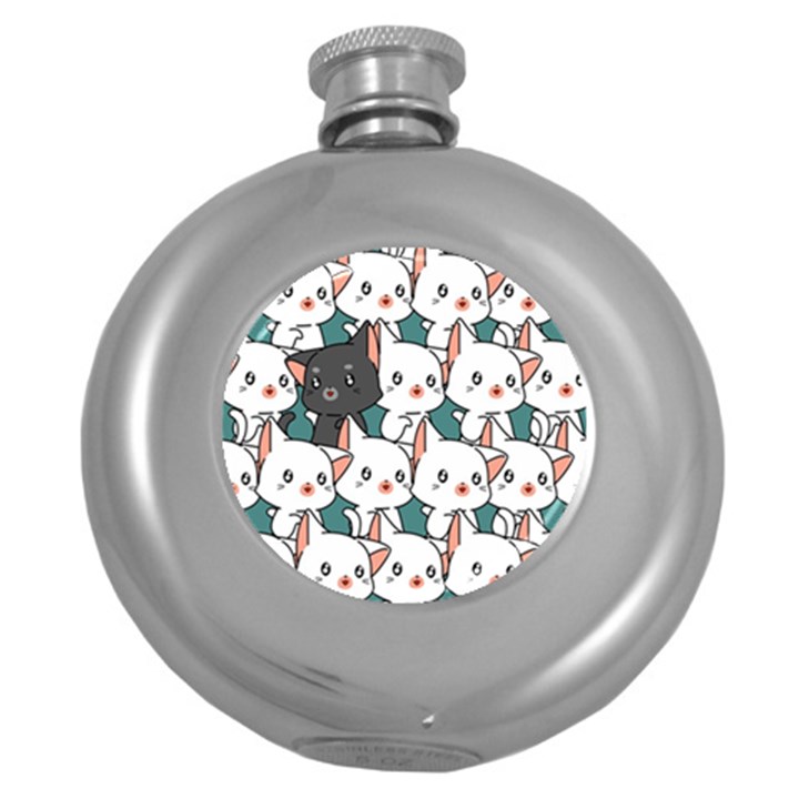 Seamless-cute-cat-pattern-vector Round Hip Flask (5 oz)