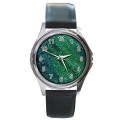 Emerald Green Blue Marbled Color Round Metal Watch by SpinnyChairDesigns