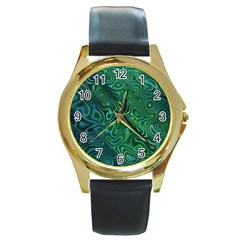 Emerald Green Blue Marbled Color Round Gold Metal Watch by SpinnyChairDesigns