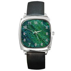 Emerald Green Blue Marbled Color Square Metal Watch by SpinnyChairDesigns