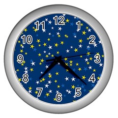 White Yellow Stars On Blue Color Wall Clock (silver) by SpinnyChairDesigns