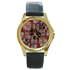 Auburn Grey And Tan Truchet Tiles Round Gold Metal Watch by SpinnyChairDesigns