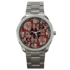 Auburn Grey And Tan Truchet Tiles Sport Metal Watch by SpinnyChairDesigns