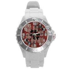 Auburn Grey And Tan Truchet Tiles Round Plastic Sport Watch (l) by SpinnyChairDesigns