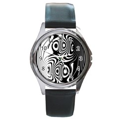 Black And White Abstract Stripes Round Metal Watch by SpinnyChairDesigns