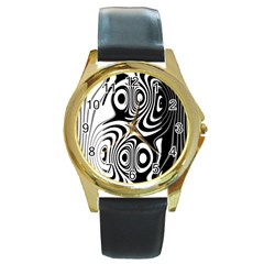 Black And White Abstract Stripes Round Gold Metal Watch by SpinnyChairDesigns