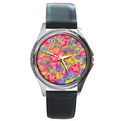 Red Liana Flower Round Metal Watch by DinkovaArt