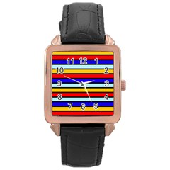 Red And Blue Contrast Yellow Stripes Rose Gold Leather Watch  by tmsartbazaar