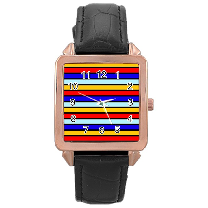 Red And Blue Contrast Yellow Stripes Rose Gold Leather Watch 