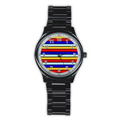 Red And Blue Contrast Yellow Stripes Stainless Steel Round Watch by tmsartbazaar