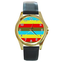 Multicolor With Black Lines Round Gold Metal Watch by tmsartbazaar