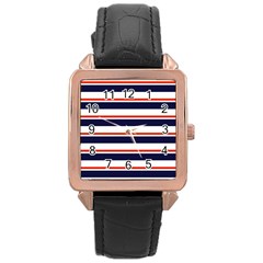 Red With Blue Stripes Rose Gold Leather Watch  by tmsartbazaar