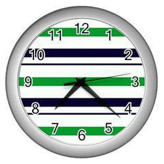 Green With Blue Stripes Wall Clock (silver) by tmsartbazaar