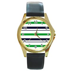 Green With Blue Stripes Round Gold Metal Watch by tmsartbazaar