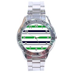 Green With Blue Stripes Stainless Steel Analogue Watch by tmsartbazaar