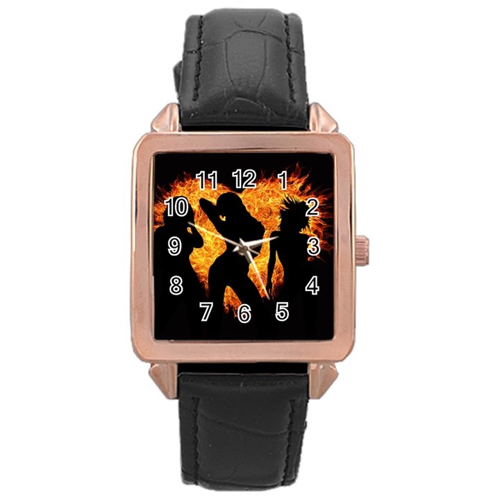 Shadow Heart Love Flame Girl Sexy Pose Rose Gold Leather Watch 