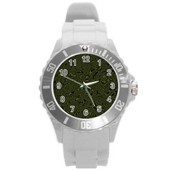 Army Green And Black Stripe Camo Round Plastic Sport Watch (l) by SpinnyChairDesigns