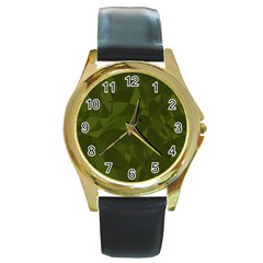 Army Green Color Pattern Round Gold Metal Watch by SpinnyChairDesigns