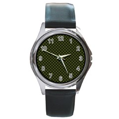 Army Green And Black Plaid Round Metal Watch