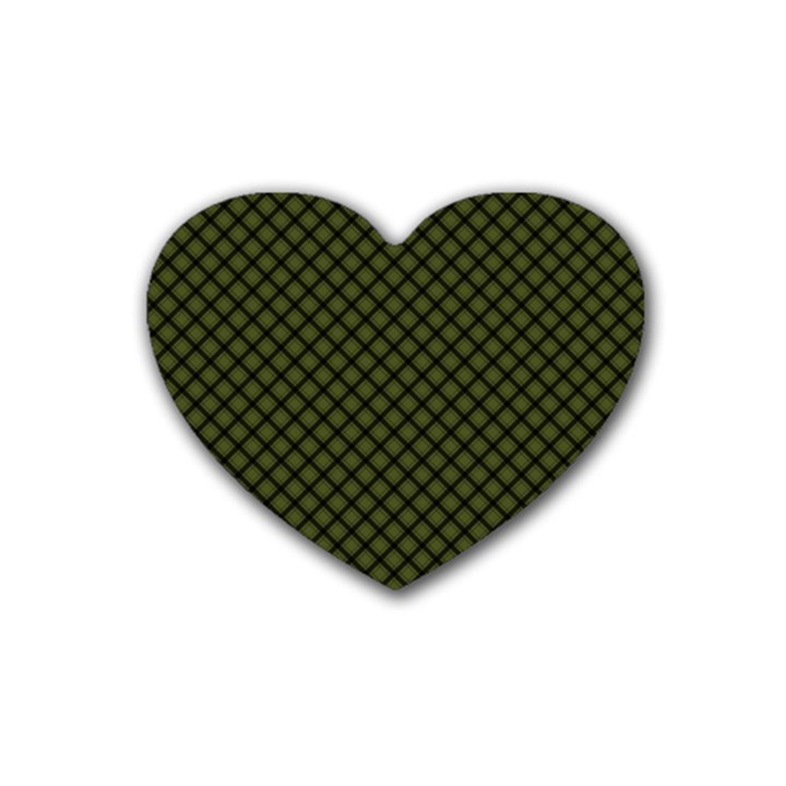 Army Green and Black Plaid Rubber Coaster (Heart) 