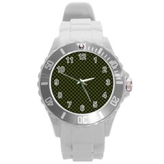 Army Green And Black Plaid Round Plastic Sport Watch (l) by SpinnyChairDesigns