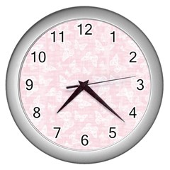 Ballet Pink White Color Butterflies Batik  Wall Clock (silver) by SpinnyChairDesigns