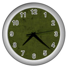 Army Green Color Grunge Wall Clock (silver) by SpinnyChairDesigns