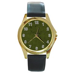 Army Green Color Grunge Round Gold Metal Watch by SpinnyChairDesigns