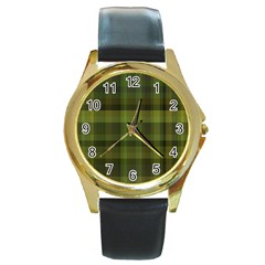 Army Green Color Plaid Round Gold Metal Watch by SpinnyChairDesigns