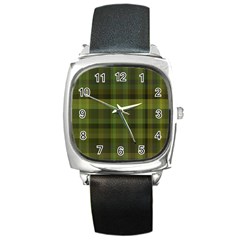 Army Green Color Plaid Square Metal Watch by SpinnyChairDesigns