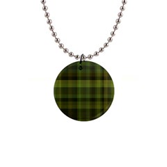 Army Green Color Plaid 1  Button Necklace by SpinnyChairDesigns