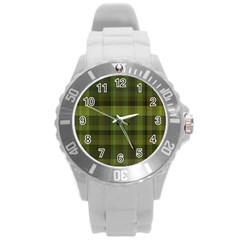 Army Green Color Plaid Round Plastic Sport Watch (l) by SpinnyChairDesigns