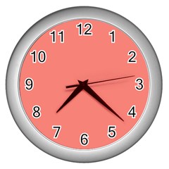 True Coral Pink Color Wall Clock (silver) by SpinnyChairDesigns