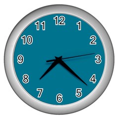 True Teal Blue Color Wall Clock (silver) by SpinnyChairDesigns