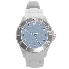 Faded Denim Blue Texture Round Plastic Sport Watch (l) by SpinnyChairDesigns