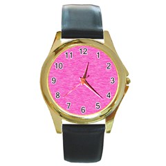 Neon Pink Color Texture Round Gold Metal Watch by SpinnyChairDesigns