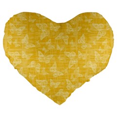 Saffron Yellow Butterflies Batik Large 19  Premium Flano Heart Shape Cushions by SpinnyChairDesigns