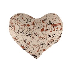 Music Notes Pattern Cinnamon Color Standard 16  Premium Flano Heart Shape Cushions by SpinnyChairDesigns