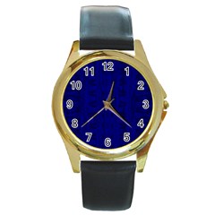 Cobalt Blue Color Batik Round Gold Metal Watch by SpinnyChairDesigns