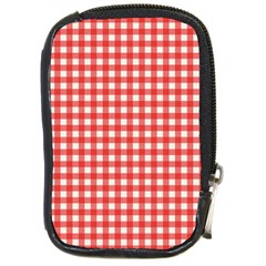 Red White Gingham Plaid Compact Camera Leather Case by SpinnyChairDesigns