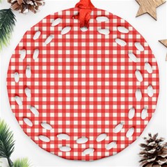 Red White Gingham Plaid Round Filigree Ornament (two Sides) by SpinnyChairDesigns