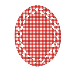 Red White Gingham Plaid Ornament (oval Filigree) by SpinnyChairDesigns