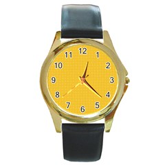 Saffron Yellow Color Polka Dots Round Gold Metal Watch by SpinnyChairDesigns