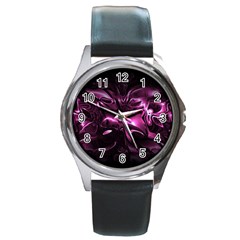 Black Magenta Abstract Art Round Metal Watch by SpinnyChairDesigns