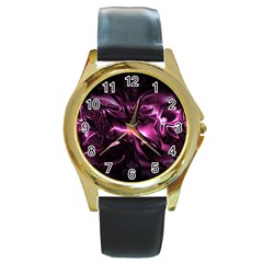 Black Magenta Abstract Art Round Gold Metal Watch by SpinnyChairDesigns