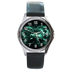 Biscay Green Black Abstract Art Round Metal Watch by SpinnyChairDesigns