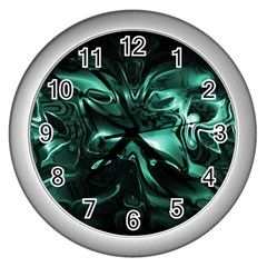 Biscay Green Black Abstract Art Wall Clock (silver) by SpinnyChairDesigns