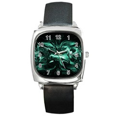 Biscay Green Black Abstract Art Square Metal Watch by SpinnyChairDesigns