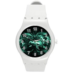 Biscay Green Black Abstract Art Round Plastic Sport Watch (m) by SpinnyChairDesigns