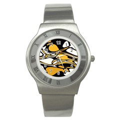 Black Yellow White Abstract Art Stainless Steel Watch by SpinnyChairDesigns